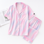 Lila Esinti Kısa Kol Saten Pijama Takımı