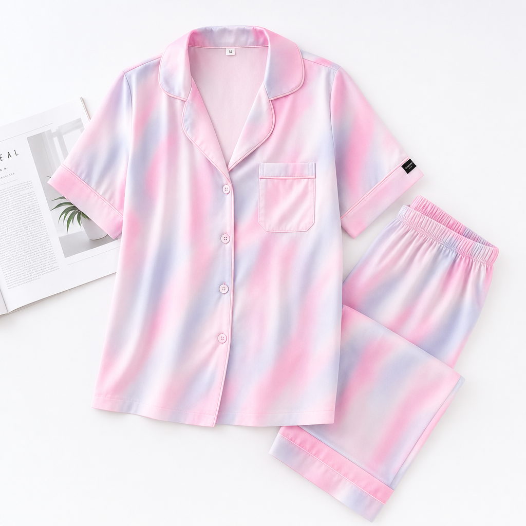 Lila Esinti Kısa Kol Saten Pijama Takımı