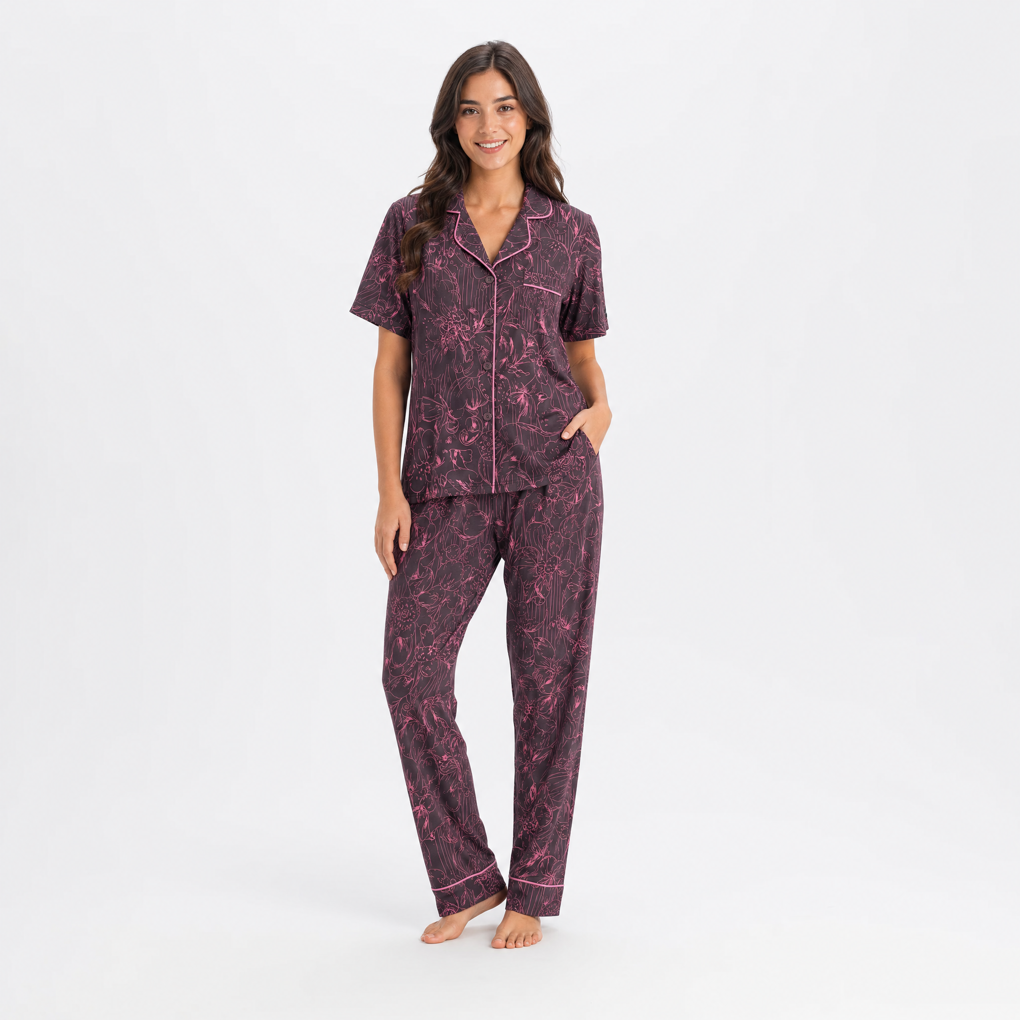 Etnik Desen Saten Kısa Kol Pijama Takımı