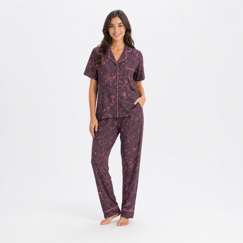 Etnik Desen Saten Kısa Kol Pijama Takımı