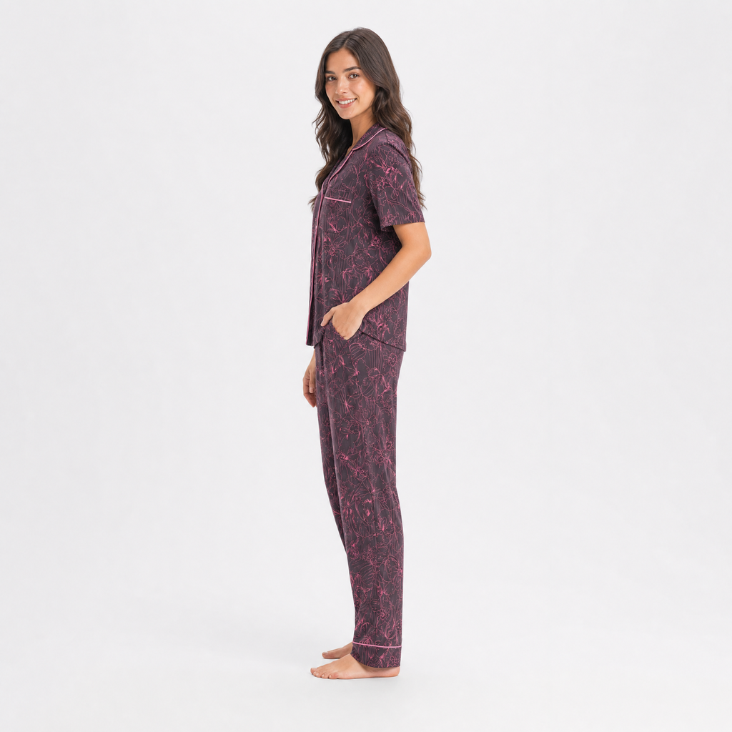 Etnik Desen Saten Kısa Kol Pijama Takımı