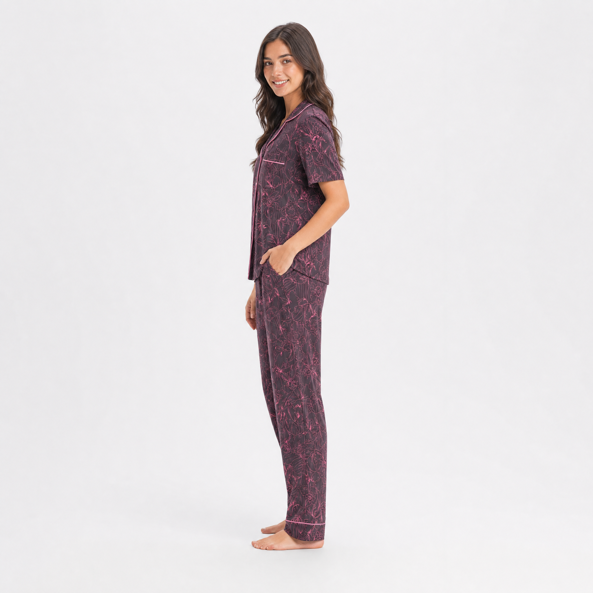 Etnik Desen Saten Kısa Kol Pijama Takımı