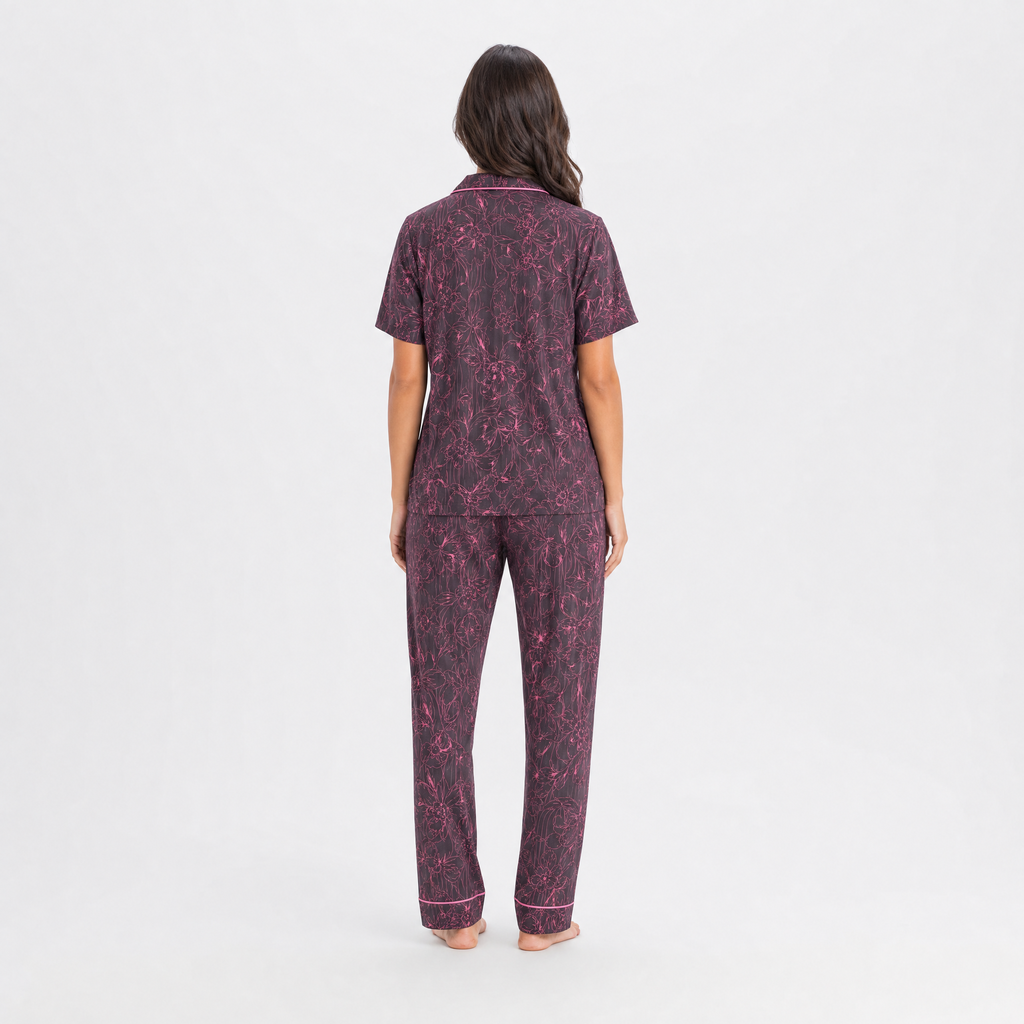Etnik Desen Saten Kısa Kol Pijama Takımı