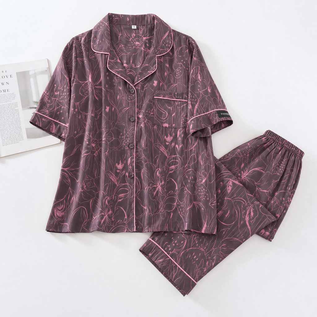 Etnik Desen Saten Kısa Kol Pijama Takımı