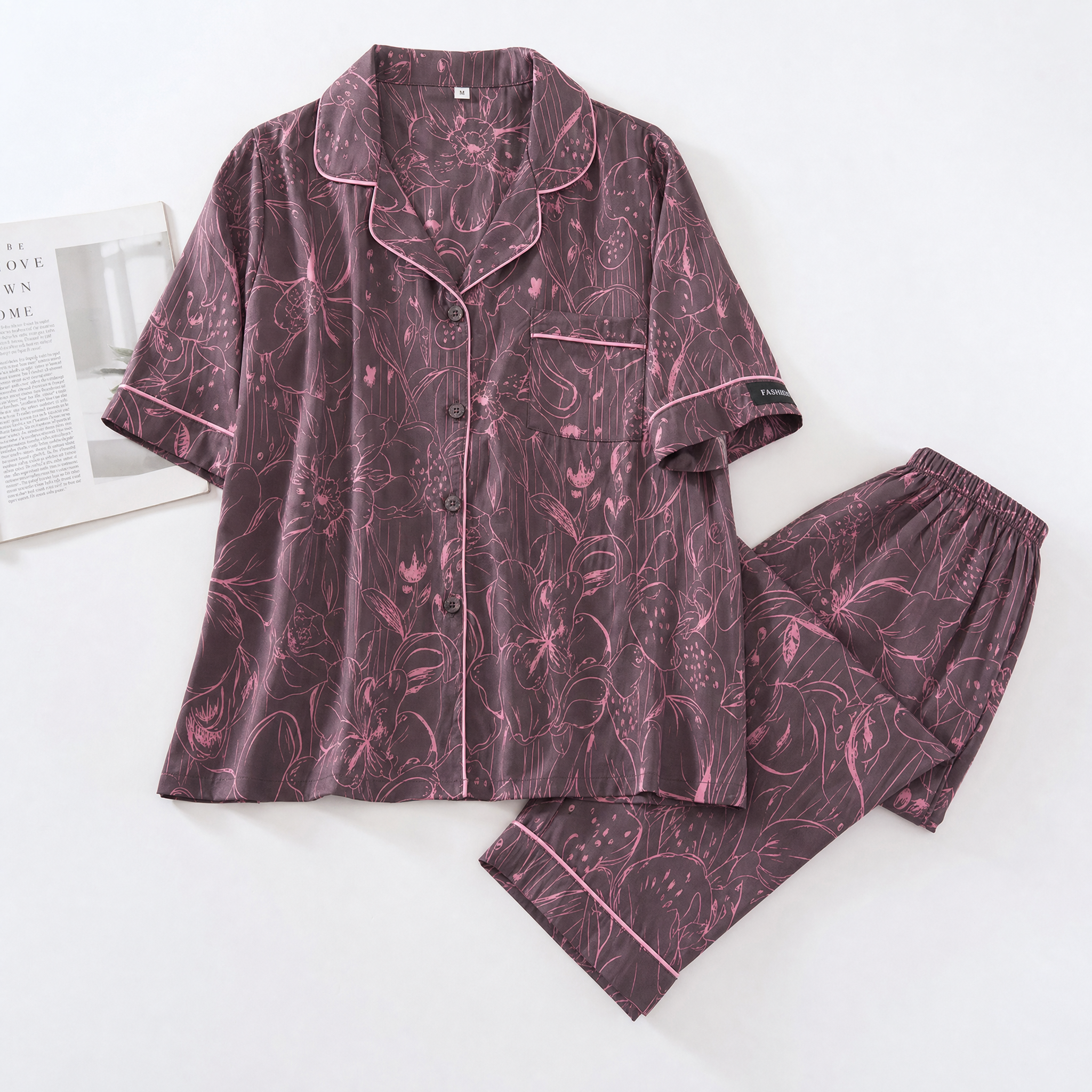 Etnik Desen Saten Kısa Kol Pijama Takımı
